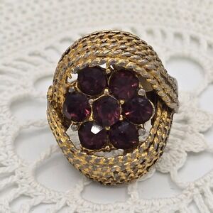 Vintage Purple Rope Cocktail Ring Rhinestone Adjustable Gold Tone Costume 6.5